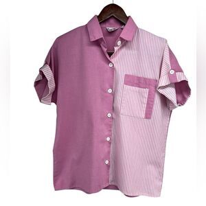 Vtg Penny Lane Pink Mixed Pattern Short Sleeve Button Down Top Womens Small